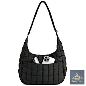 Quilted Puffer Hobo Crossbody Bag, Adjustable Strap, Lightweight Nylon, Medium